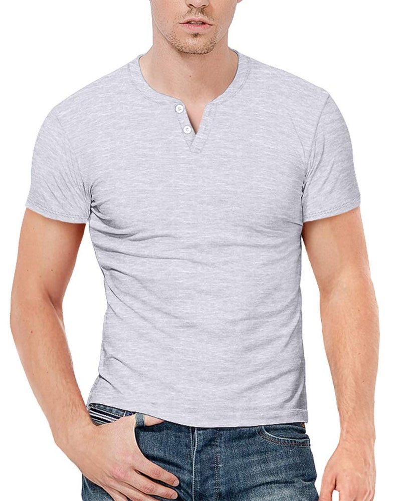 KUYIGO Mens Summer Casual Short Sleeve Henley T-Shirt 2 Button Placket Plain V Neck Slim Fit Shirts Grey Large - Image 1